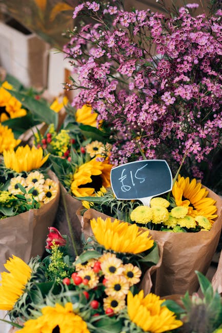 An arrangement of fresh flowers featuring bright yellow sunflowers with large, round petals and dark centers, complemented by smaller white and yellow daisies with delicate petals. The bouquets are wr